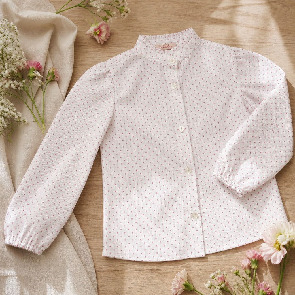 Camicia Scaldacuore per bambina in cotone bianco con pois rosa, colletto alla coreana e bottoni in madreperla