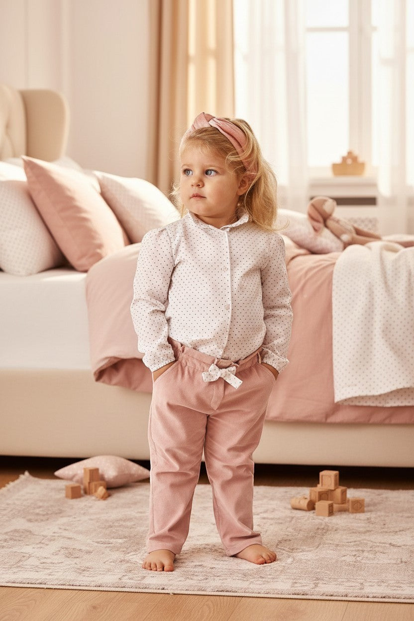 Bambina Scaldacuore indossa pantaloni rosa in cotone con bottoni in madreperla in una camera da letto luminosa