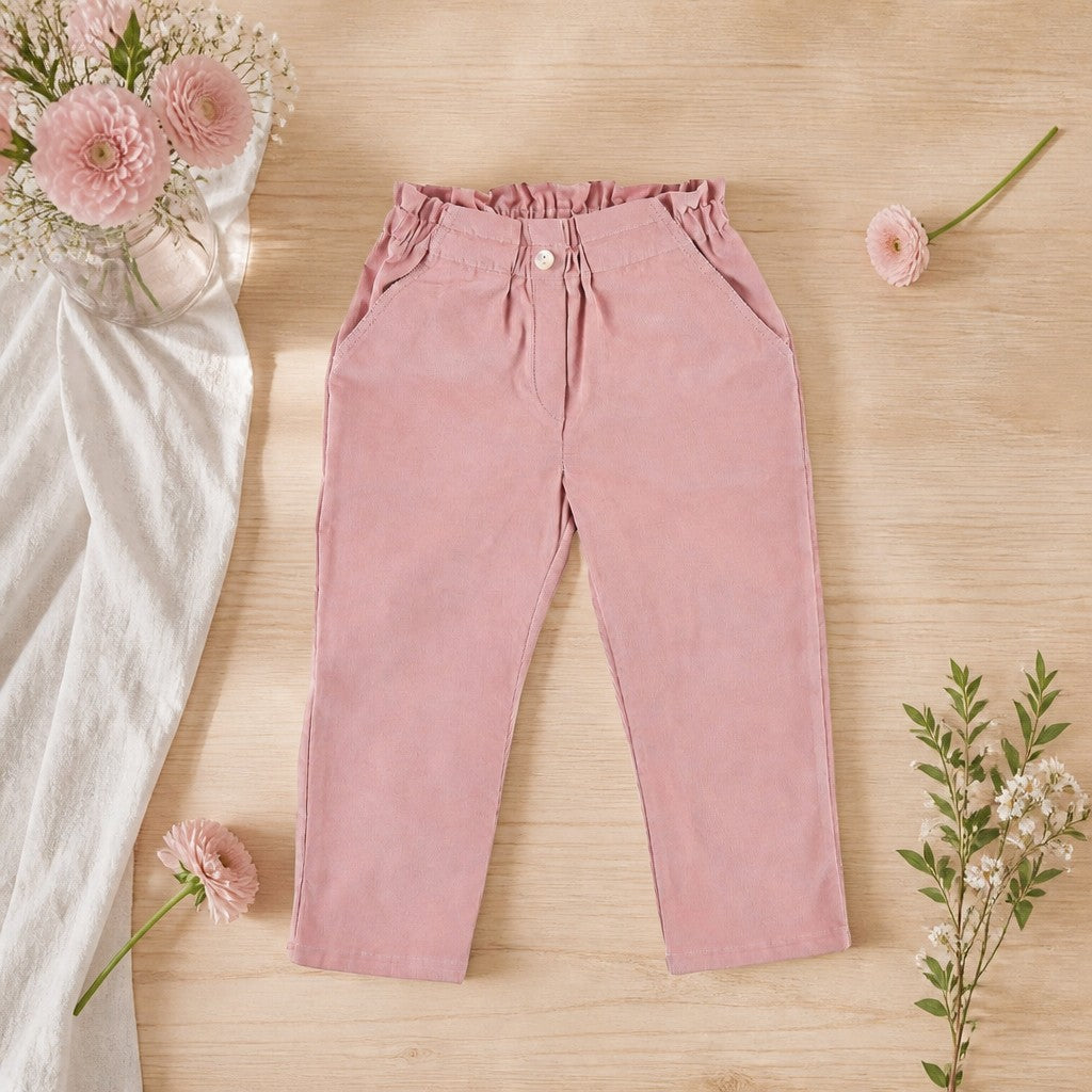 Pantalone Scaldacuore per bambina in cotone rosa con vita arricciata e bottoni in madreperla su fondo in legno