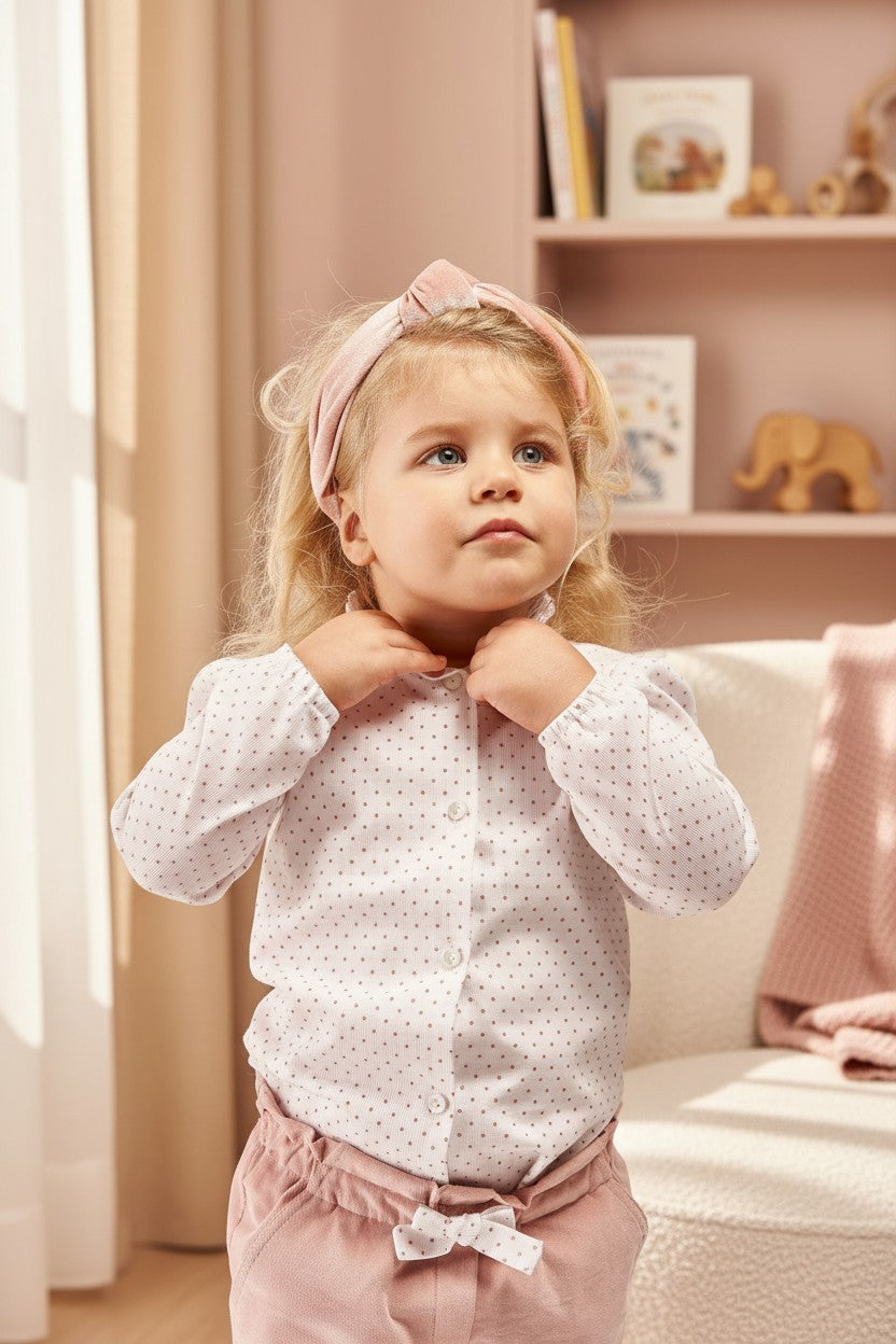 Bambina indossa camicia Scaldacuore bianca a pois rosa in cotone con bottoni in madreperla in una stanza luminosa