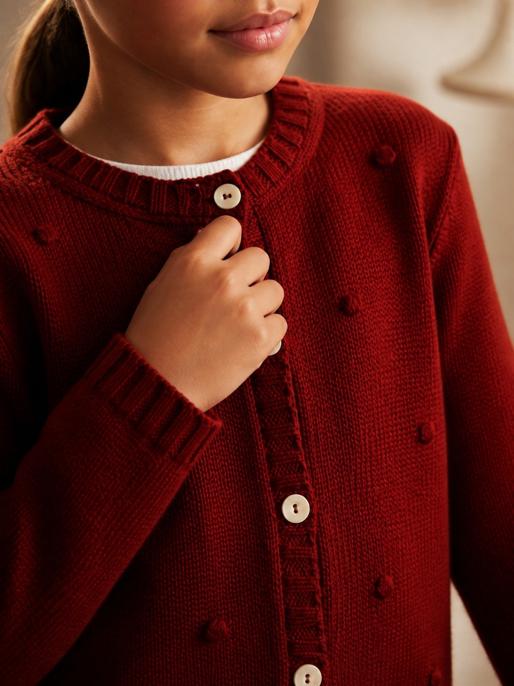 Cardigan Scaldacuore in maglia rossa con dettagli a rilievo, girocollo e bottoni frontali indossato da una bambina
