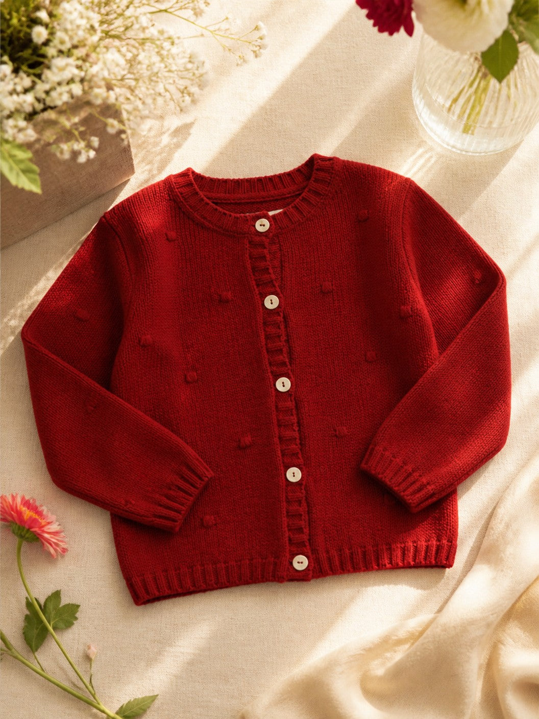 Cardigan Scaldacuore per bambina in maglia rossa con lavorazione a piccoli rilievi, girocollo e bottoni frontali