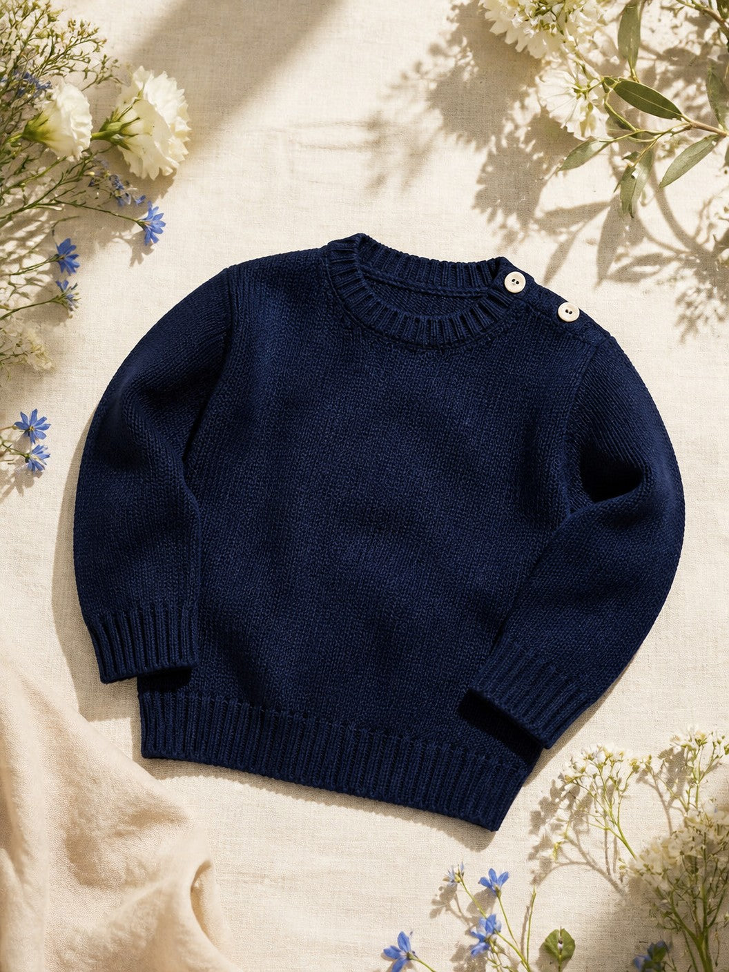 Girocollo bambino Scaldacuore in lana merino blu denim con bottoni sulla spalla, lavorazione artigianale italiana.