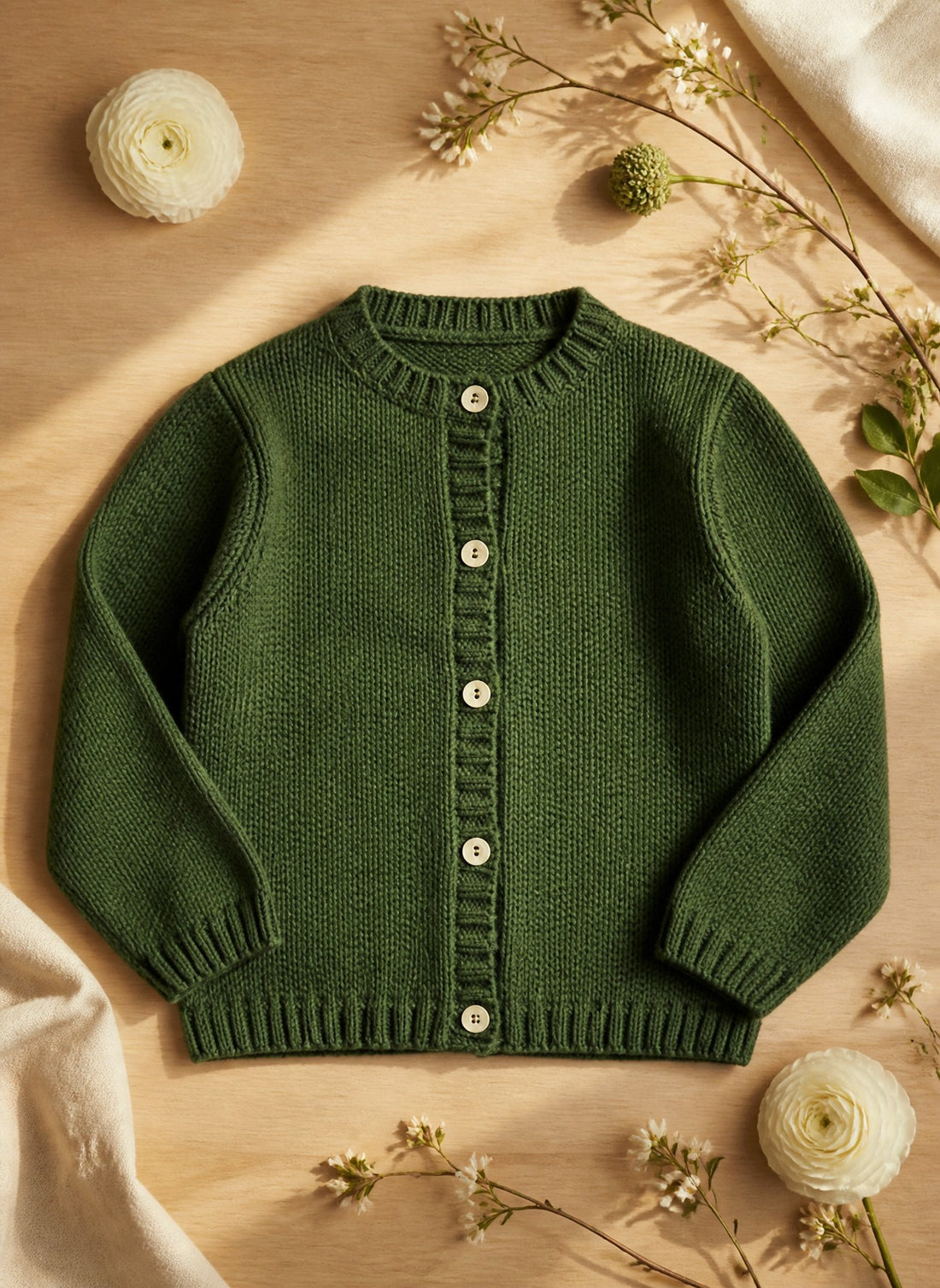Golfino Scaldacuore per bambina in lana merino verde bosco con bottoni in madreperla, design artigianale Made in Italy.